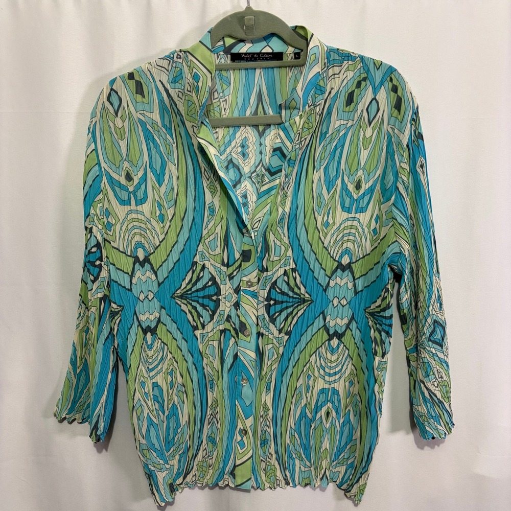 Violet & Claire Blue Green Geometric Pleated Button Down Blouse L 70s Y2K Retro